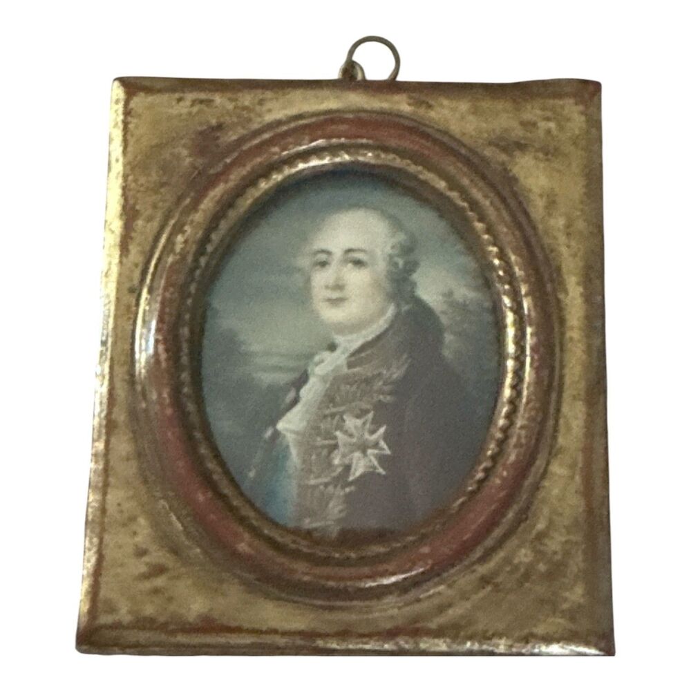 Antique 19th Miniature Portrait Painting King Louis XVI Oval Gold Gilded Framed